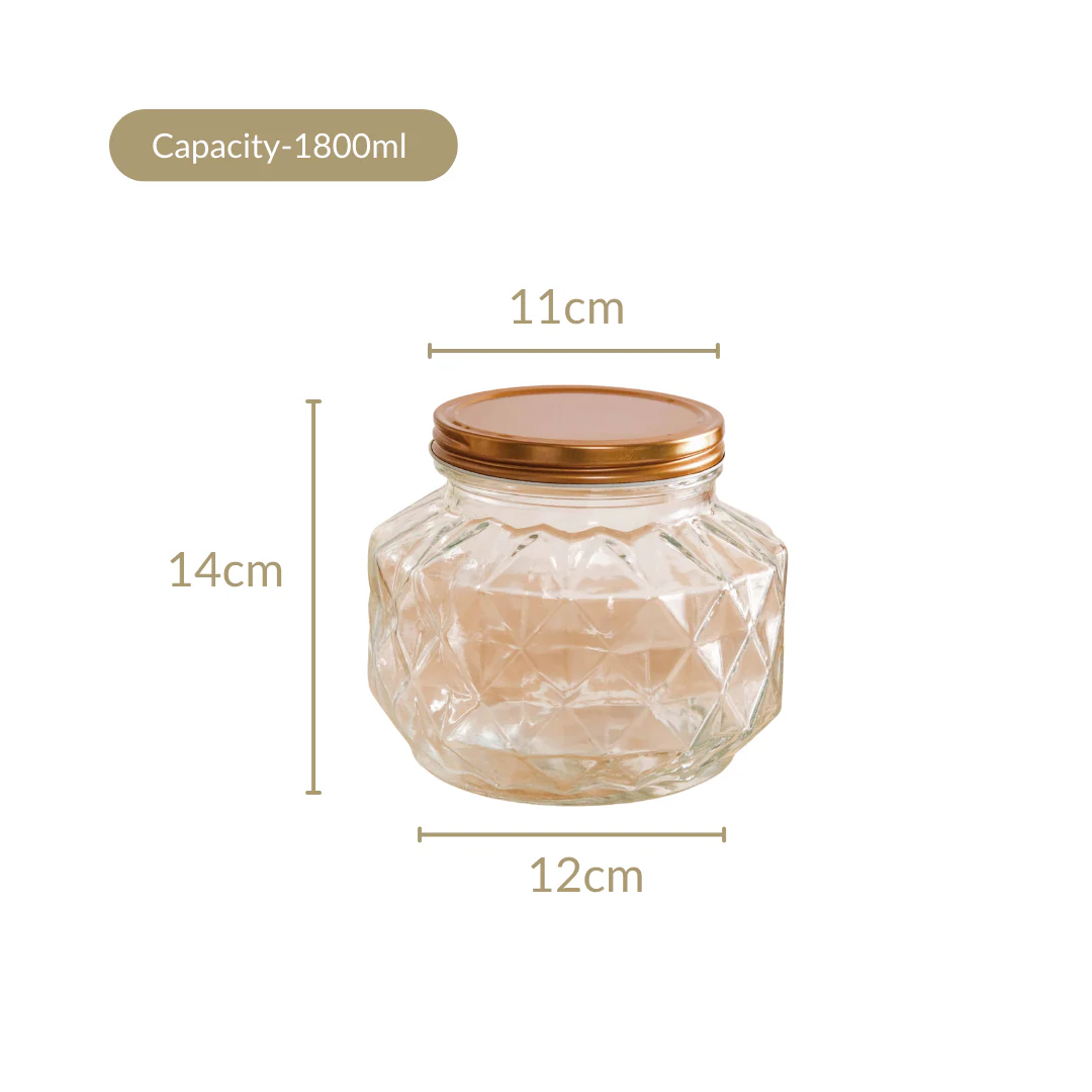 Diamond Airtight Glass Kitchen Jar Set Of 2 For Cookies Snacks 1800ml - Image 4