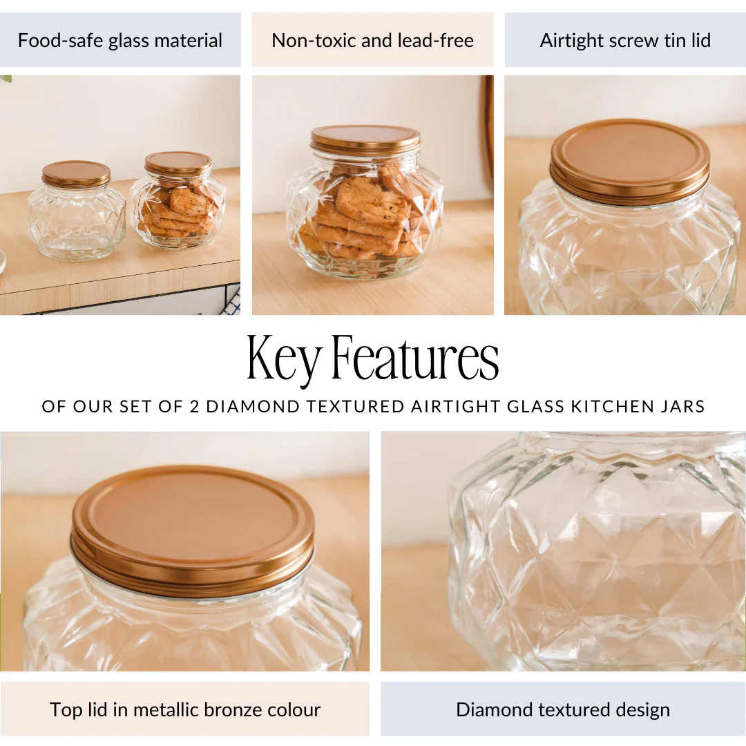 Diamond Airtight Glass Kitchen Jar Set Of 2 For Cookies Snacks 1800ml - Image 5