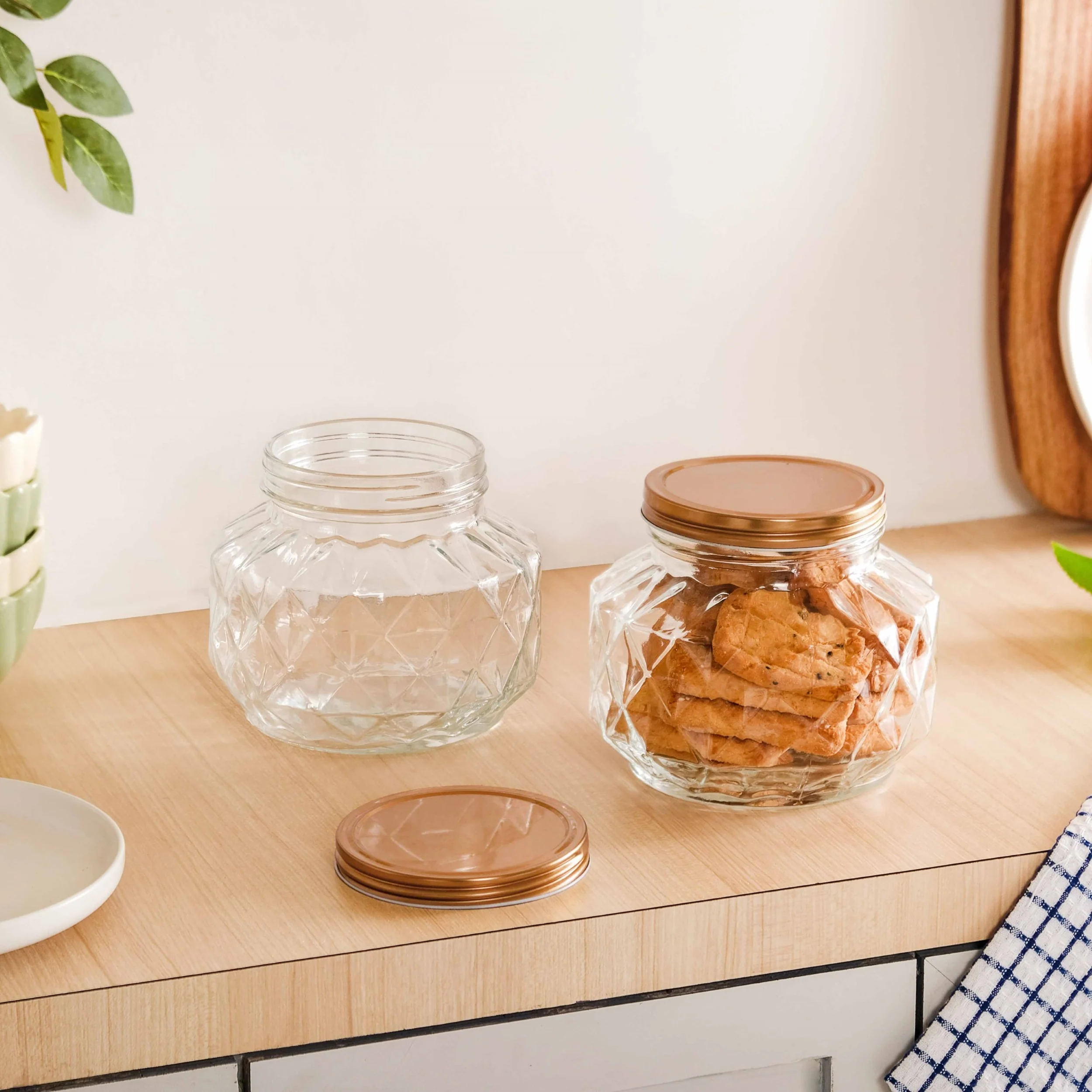 Diamond Airtight Glass Kitchen Jar Set Of 2 For Cookies Snacks 1800ml - Image 6