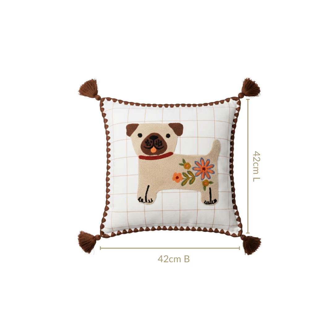 Dog Embroidered Cotton Cushion Cover With Tassels 42x42cm - Image 3