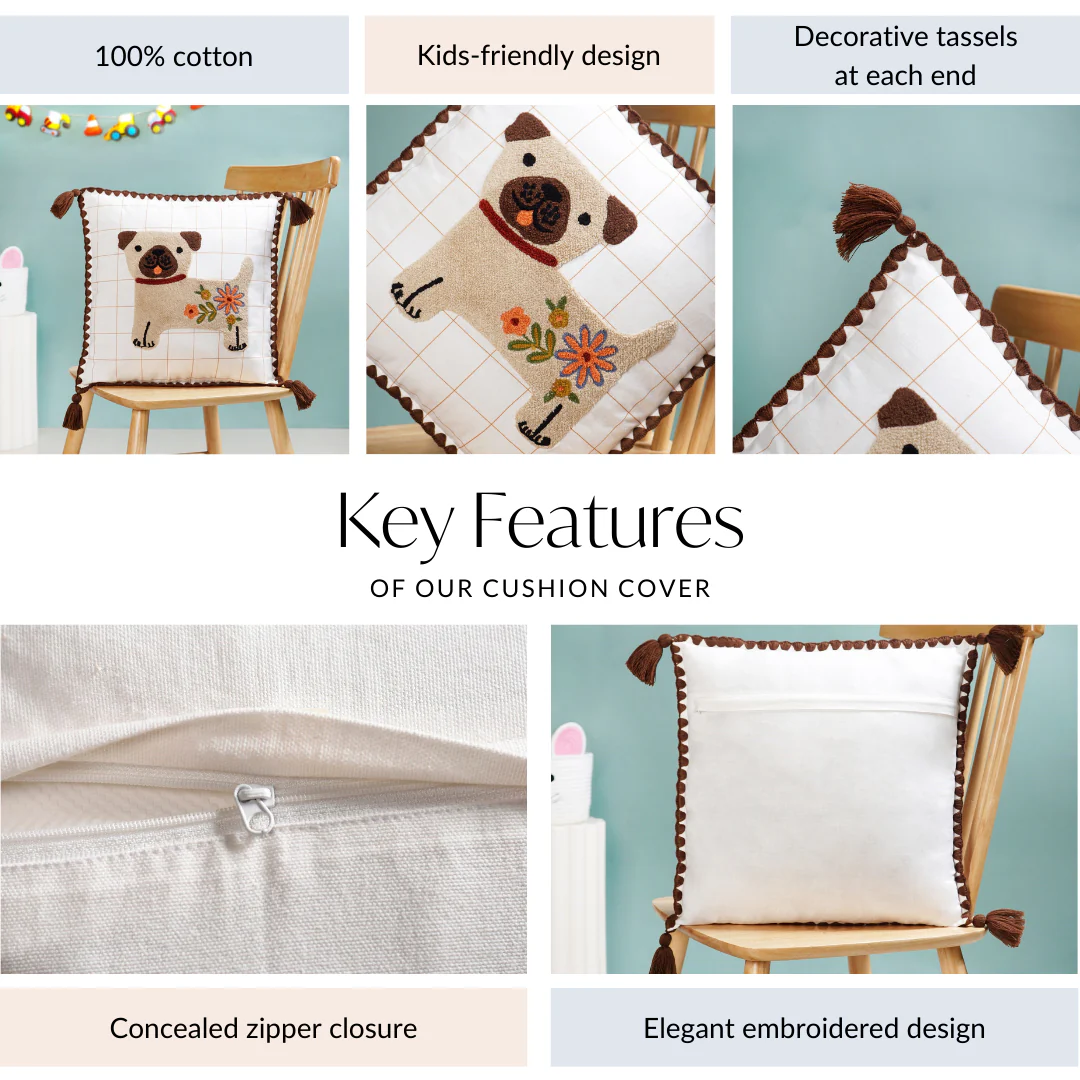 Dog Embroidered Cotton Cushion Cover With Tassels 42x42cm - Image 4