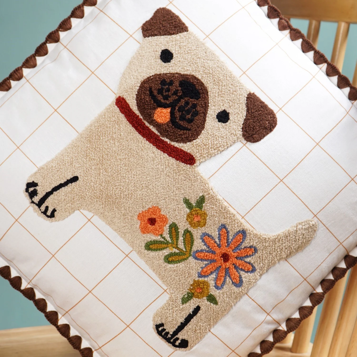 Dog Embroidered Cotton Cushion Cover With Tassels 42x42cm - Image 5