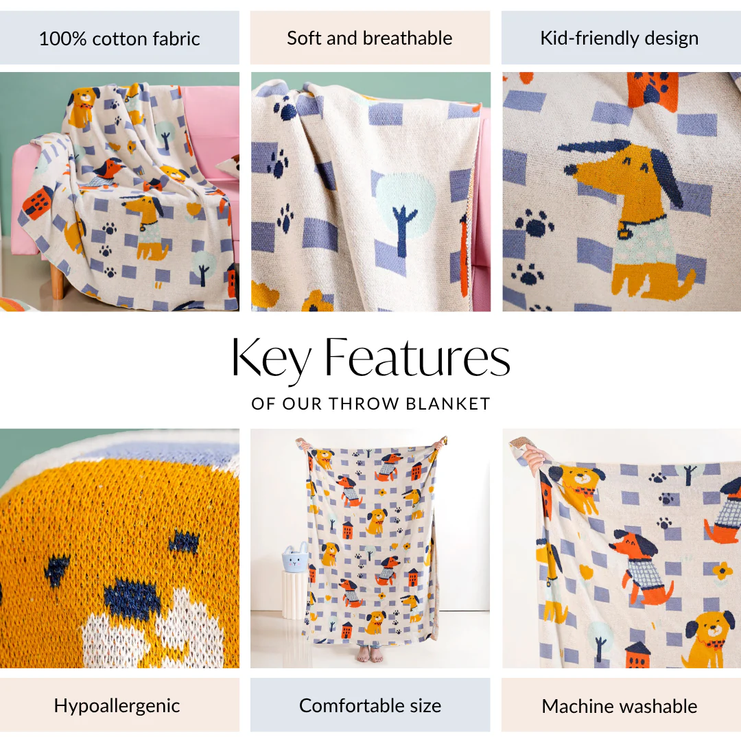 Dog Park Knitted Cotton Throw Blanket For Kids 155x132cm - Image 4