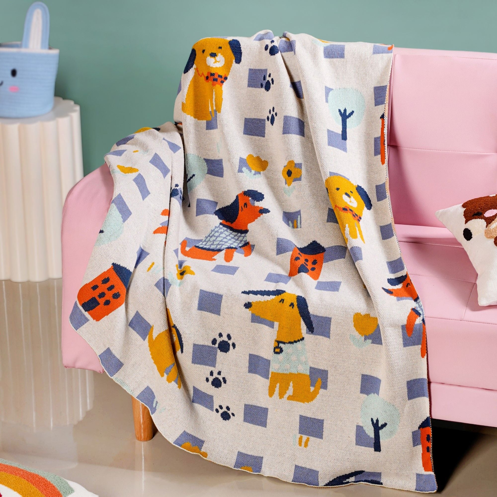 Dog Park Knitted Cotton Throw Blanket For Kids 155x132cm - Image 7