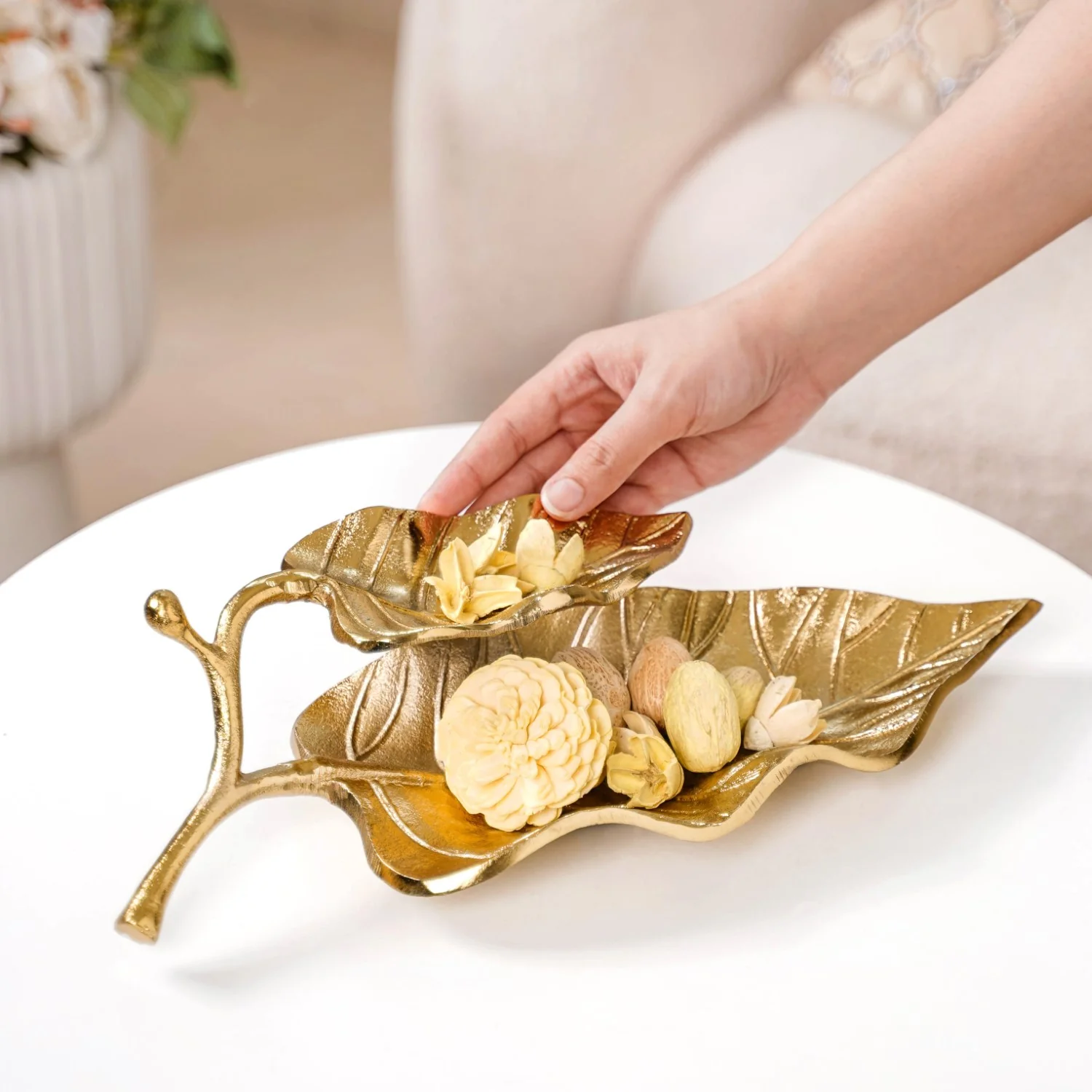 Double Layer Mango Leaf Metal Tray Gold - Image 3