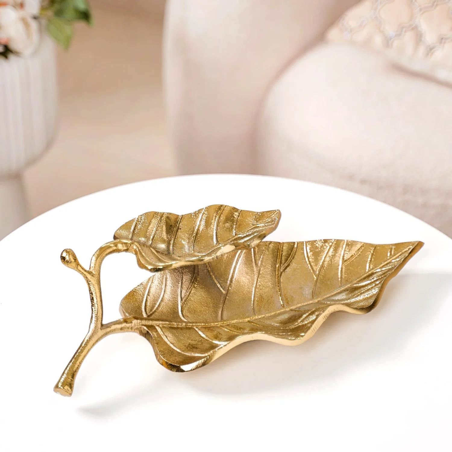 Double Layer Mango Leaf Metal Tray Gold - Image 4