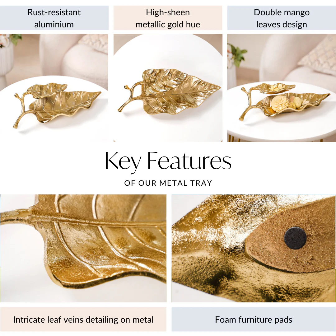 Double Layer Mango Leaf Metal Tray Gold - Image 5