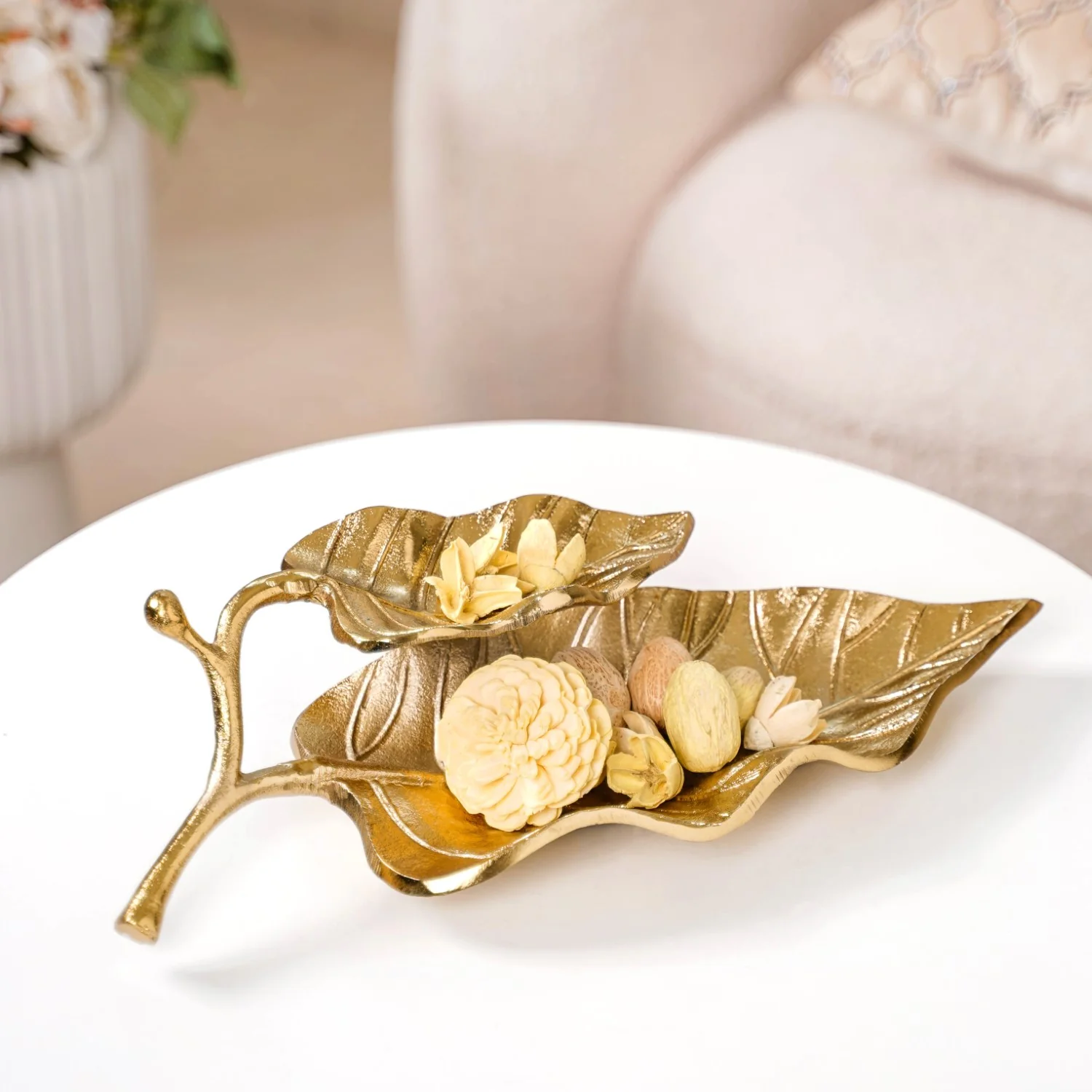 Double Layer Mango Leaf Metal Tray Gold - Image 8