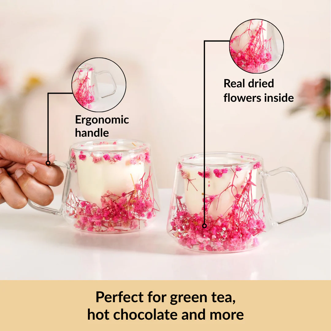 Double Walled Pink Flowers Coffee Mug Set Of 2 180ml - Image 4