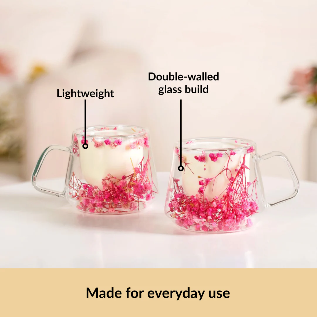 Double Walled Pink Flowers Coffee Mug Set Of 2 180ml - Image 5