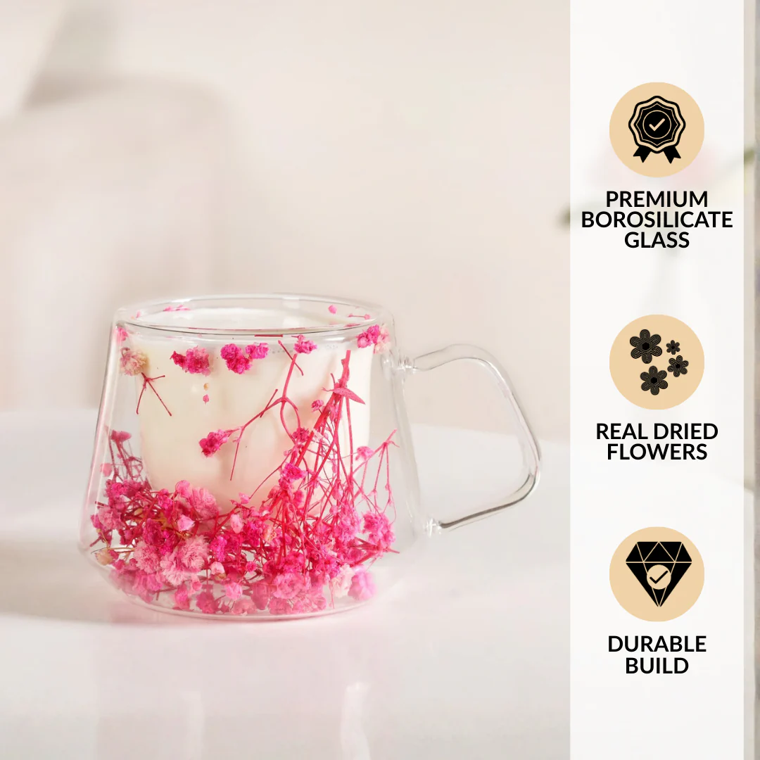 Double Walled Pink Flowers Coffee Mug Set Of 2 180ml - Image 6