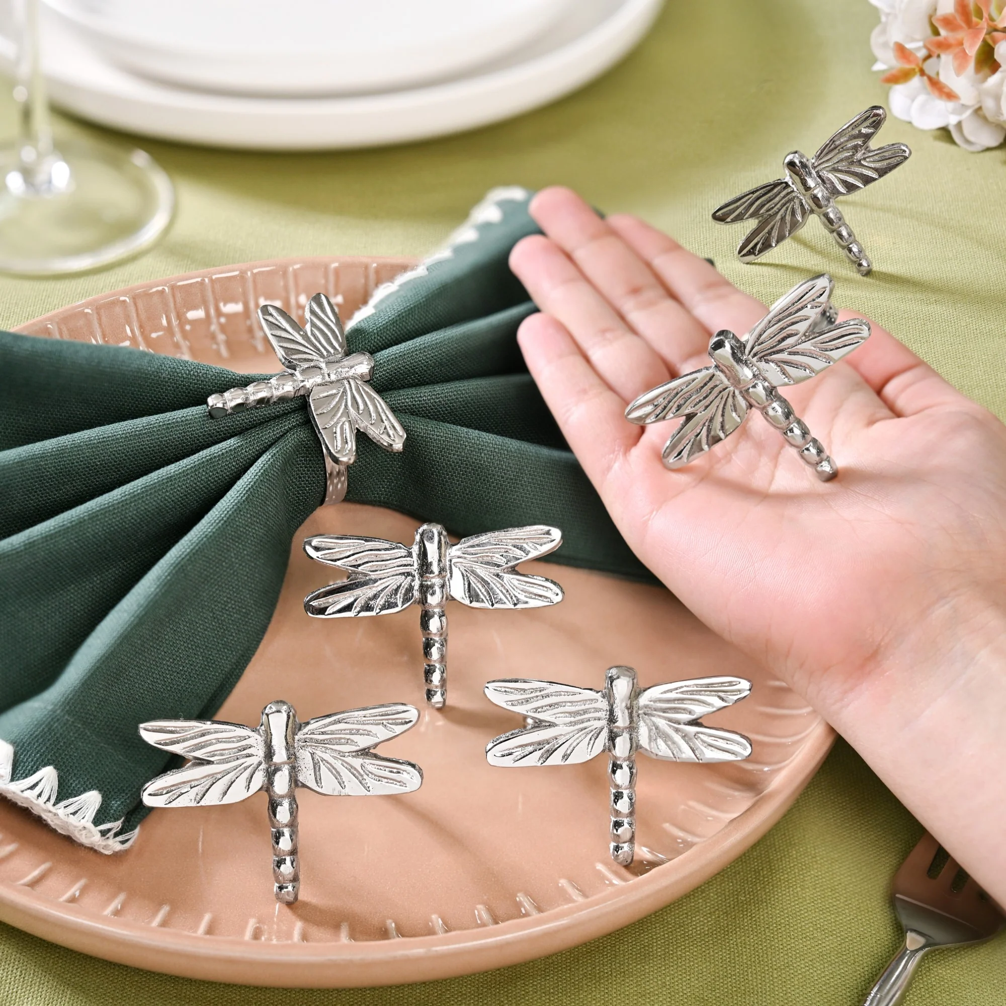 Dragonfly Pure Brass Napkin Ring Set Of 6 Silver - Image 2