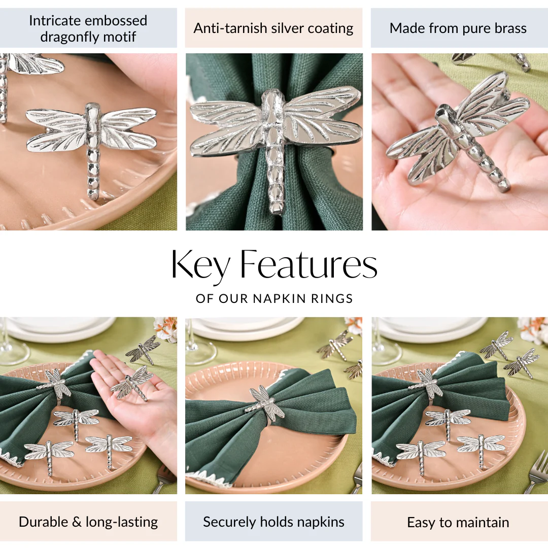 Dragonfly Pure Brass Napkin Ring Set Of 6 Silver - Image 4