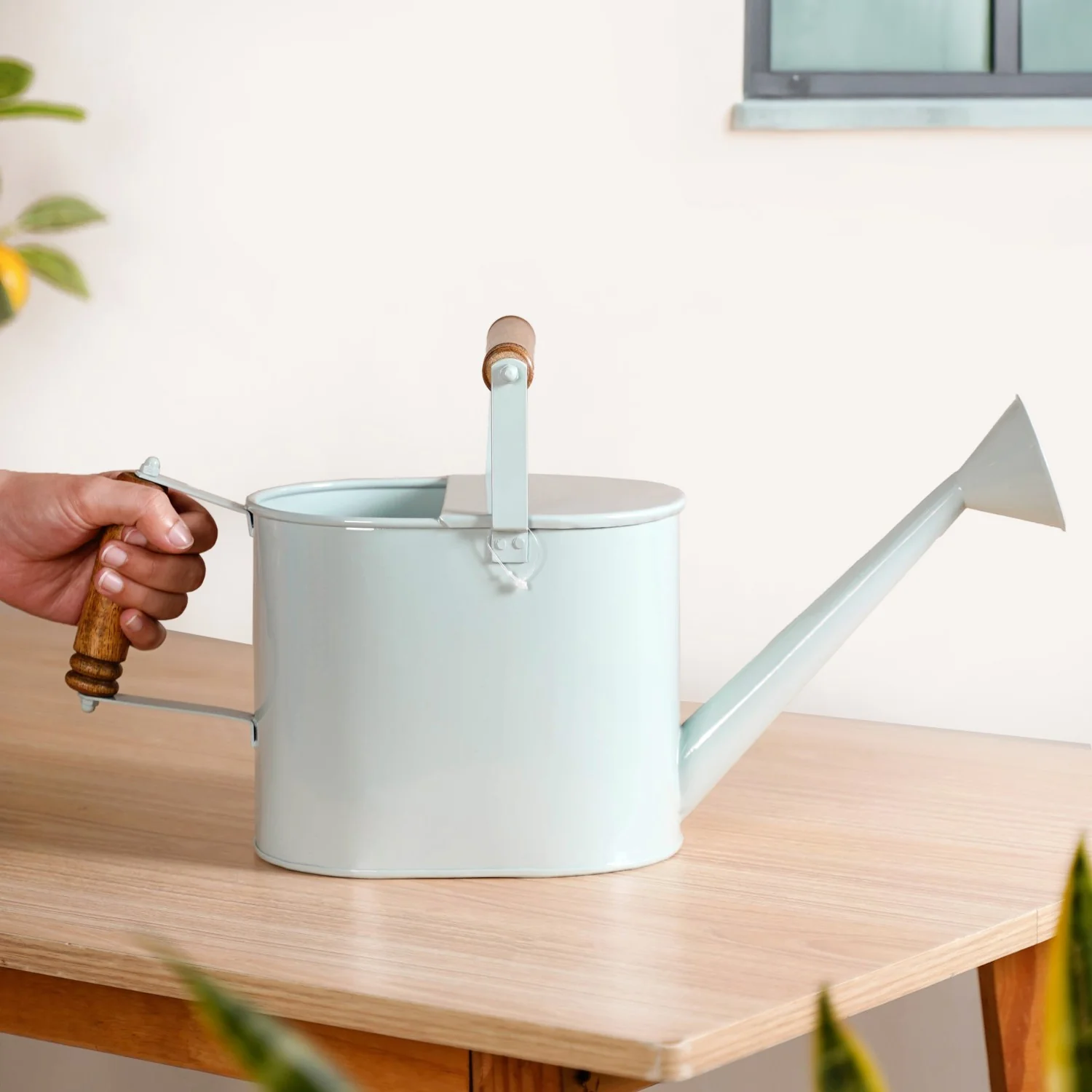 Dual Wooden Handle Metal Watering Can With Glossy Finish Blue - Image 3