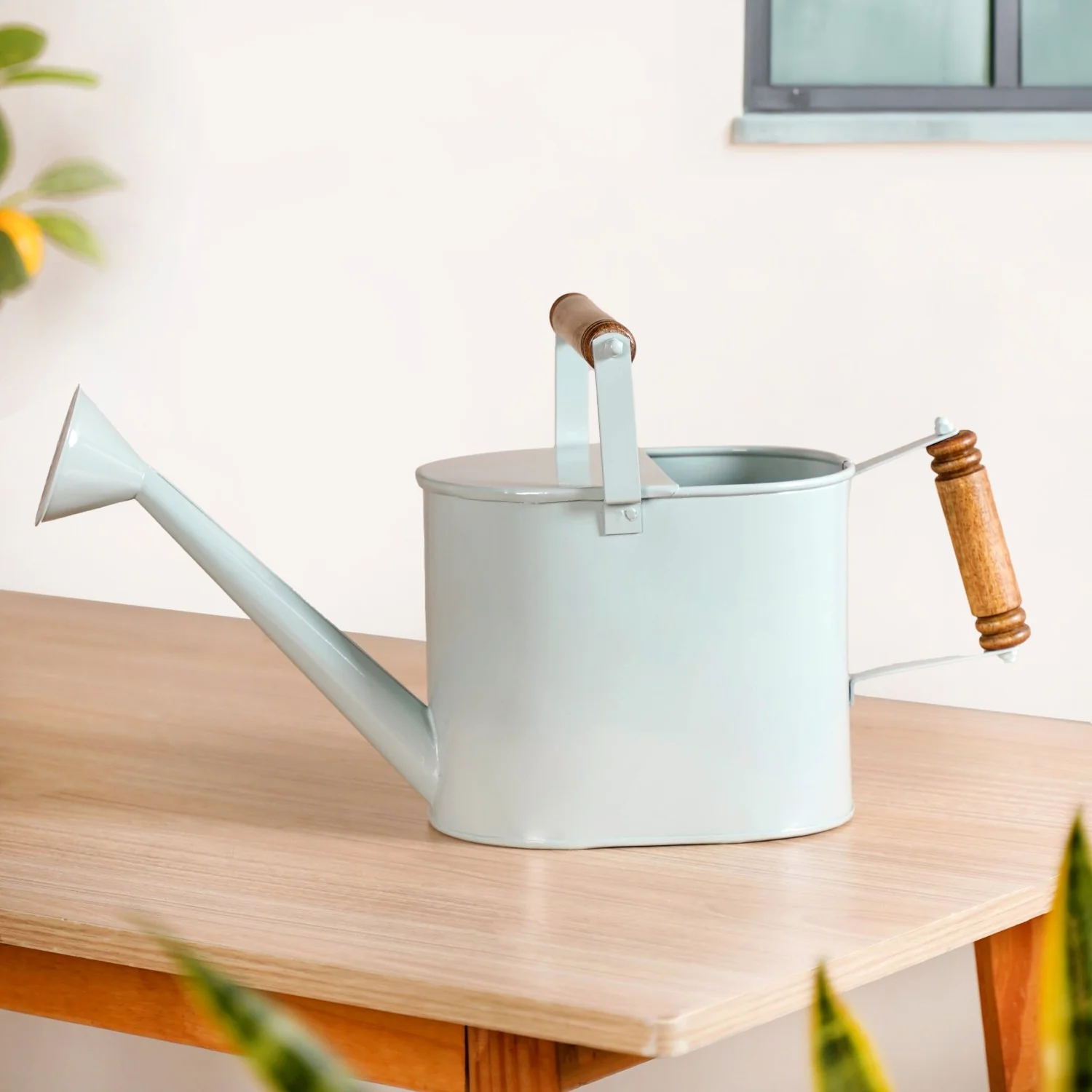 Dual Wooden Handle Metal Watering Can With Glossy Finish Blue - Image 8