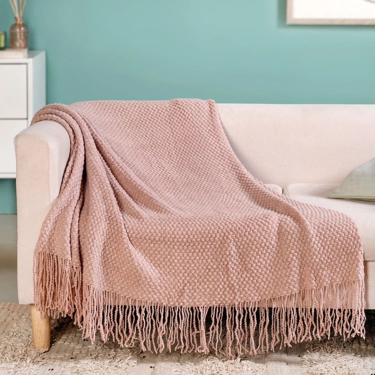 Dusty Pink Throw Knitted With Basket Weave - Image 6