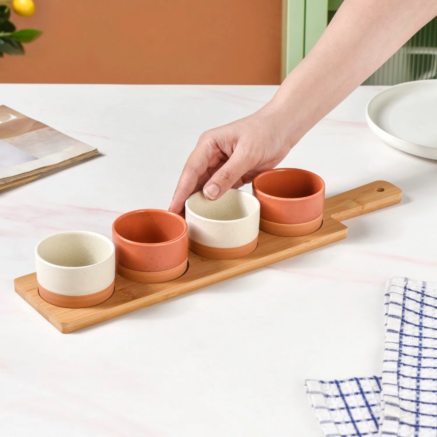 Earthy Stoneware Bowls With Tray Set Of 5 - Image 3