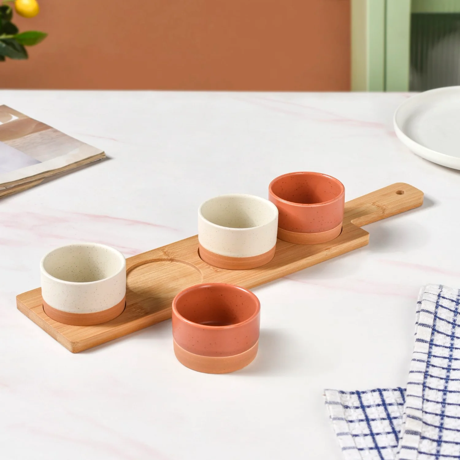 Earthy Stoneware Bowls With Tray Set Of 5 - Image 9