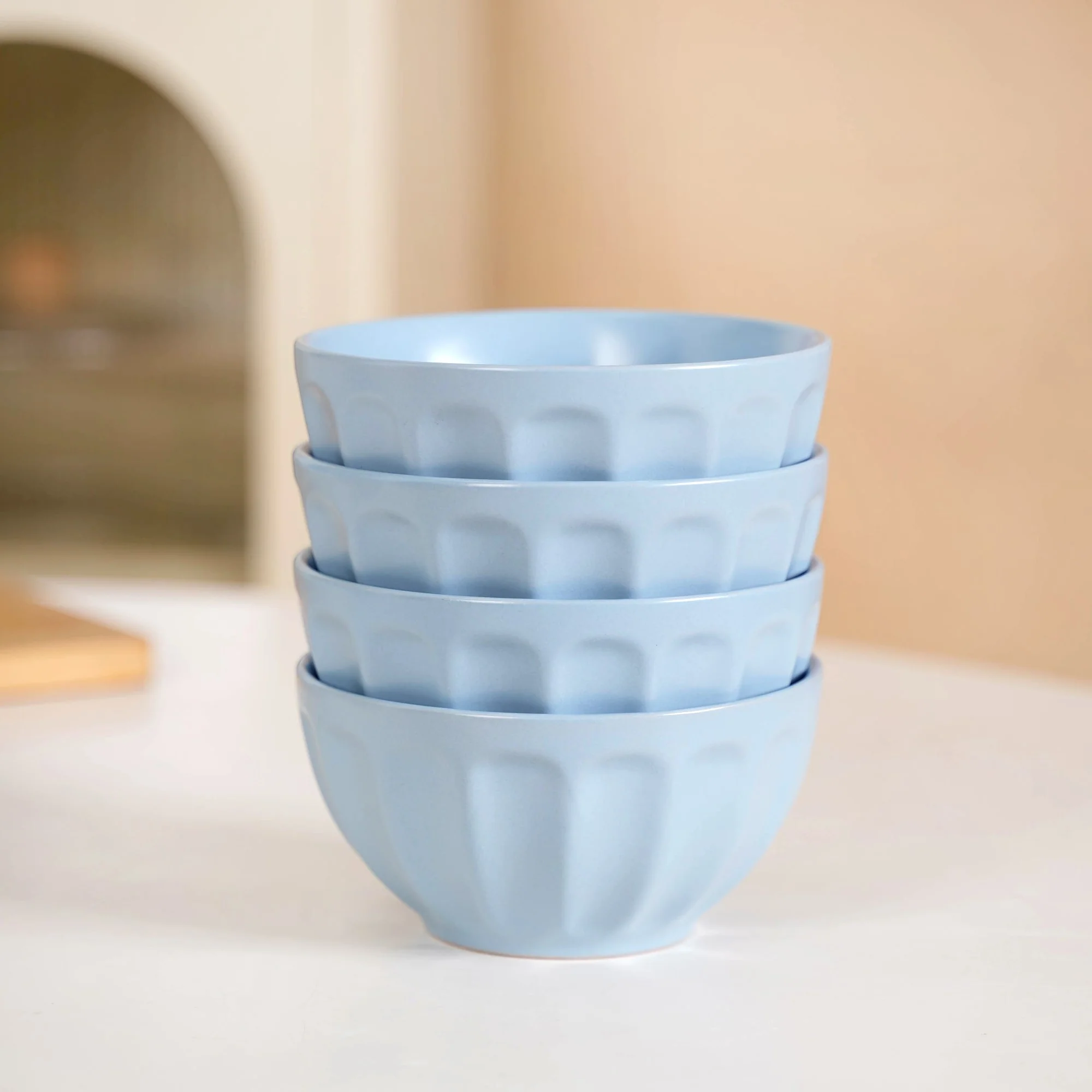 Embossed Baby Blue Ceramic Bowl Set Of 4 580ml - Image 2