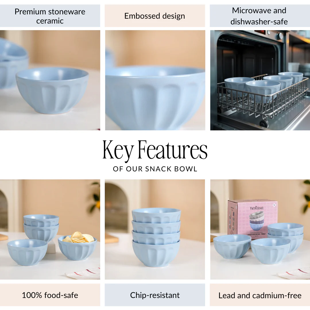 Embossed Baby Blue Ceramic Bowl Set Of 4 580ml - Image 5