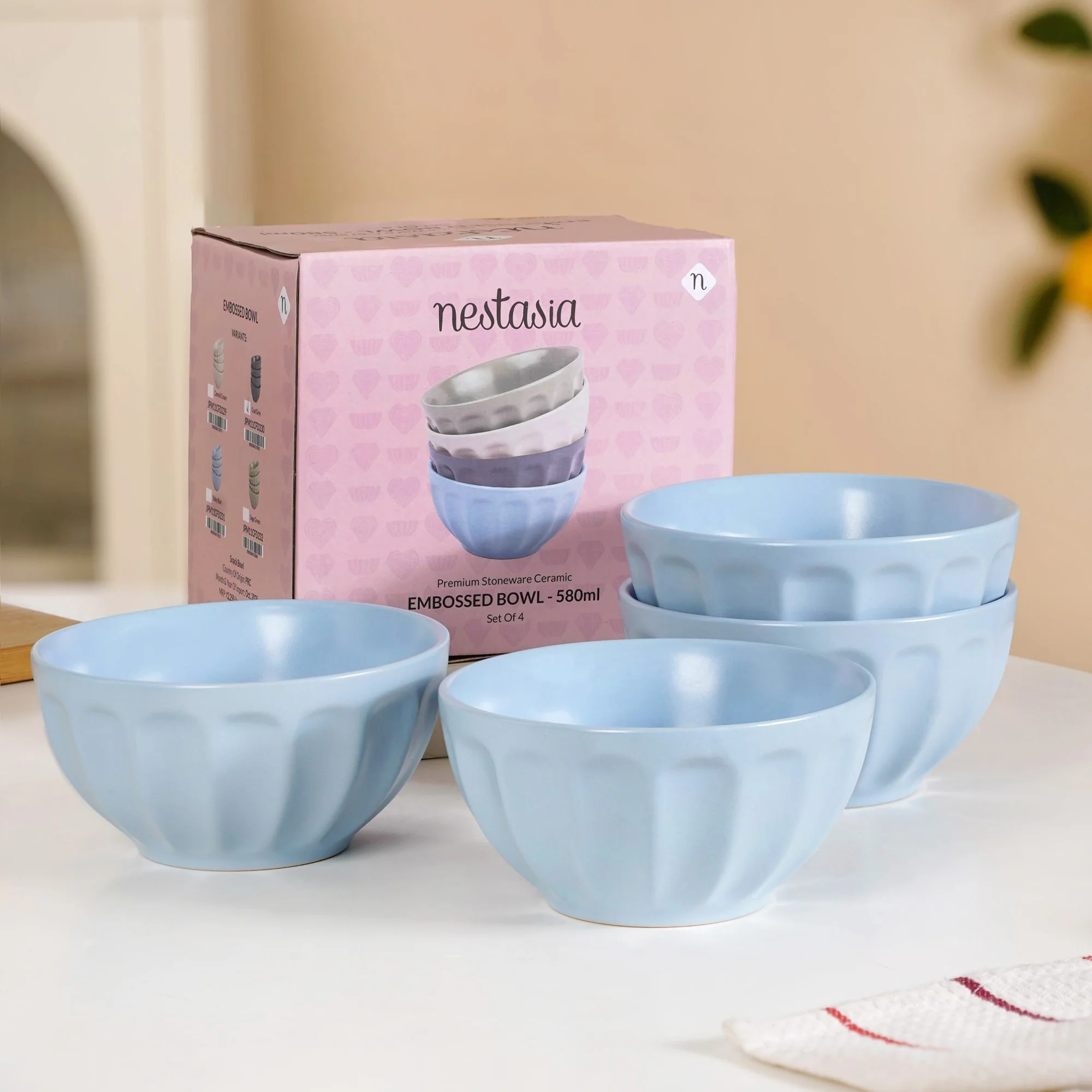 Embossed Baby Blue Ceramic Bowl Set Of 4 580ml - Image 7