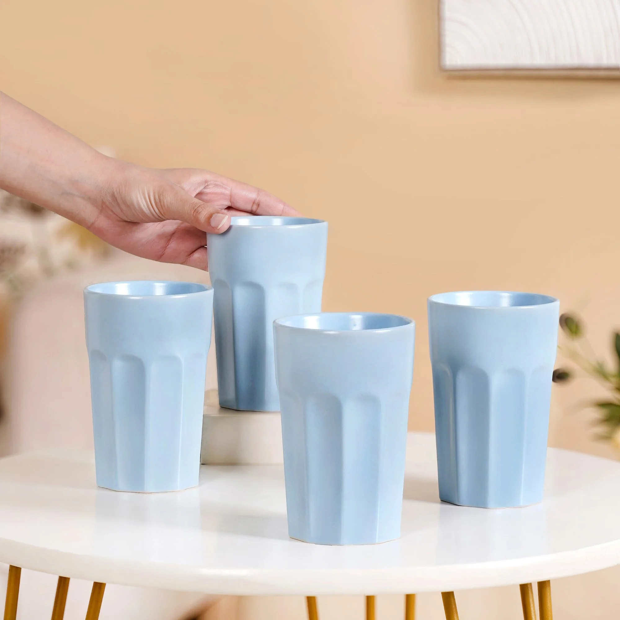Embossed Baby Blue Ceramic Tumbler Set Of 4 380ml - Image 2