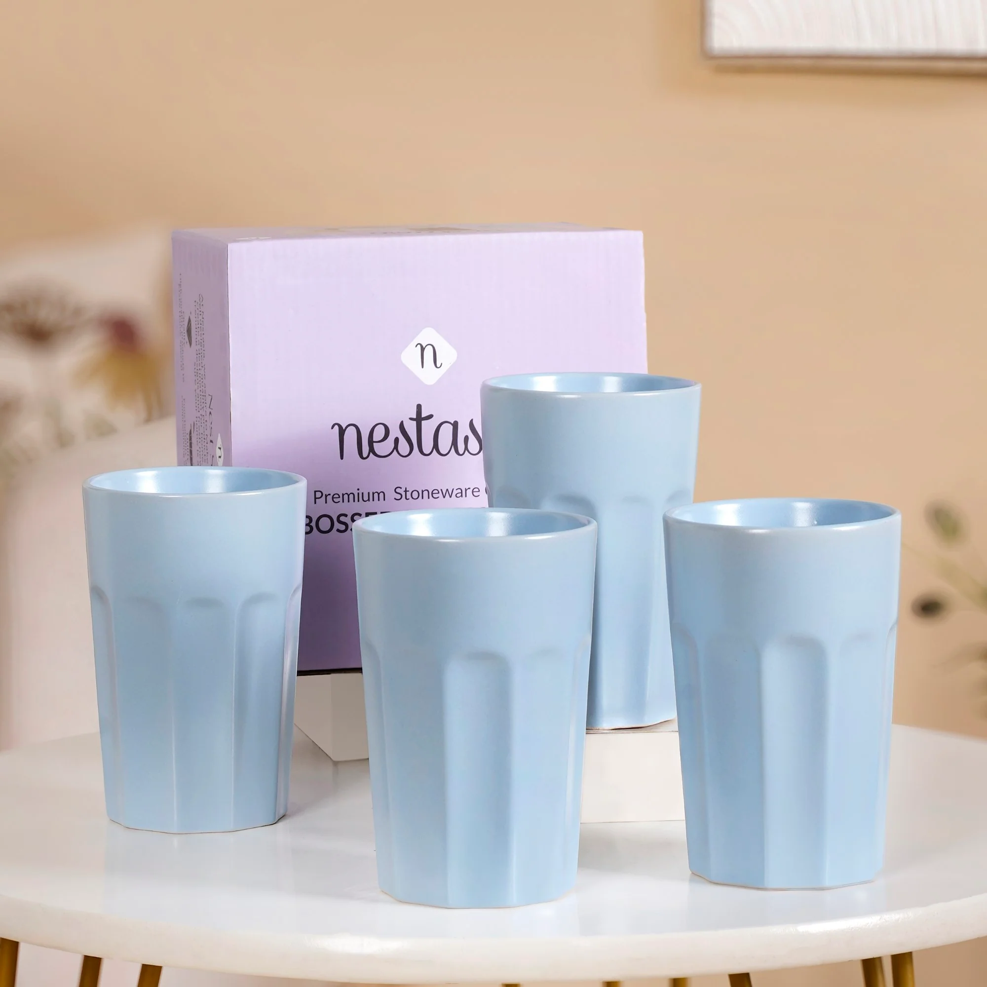 Embossed Baby Blue Ceramic Tumbler Set Of 4 380ml - Image 7
