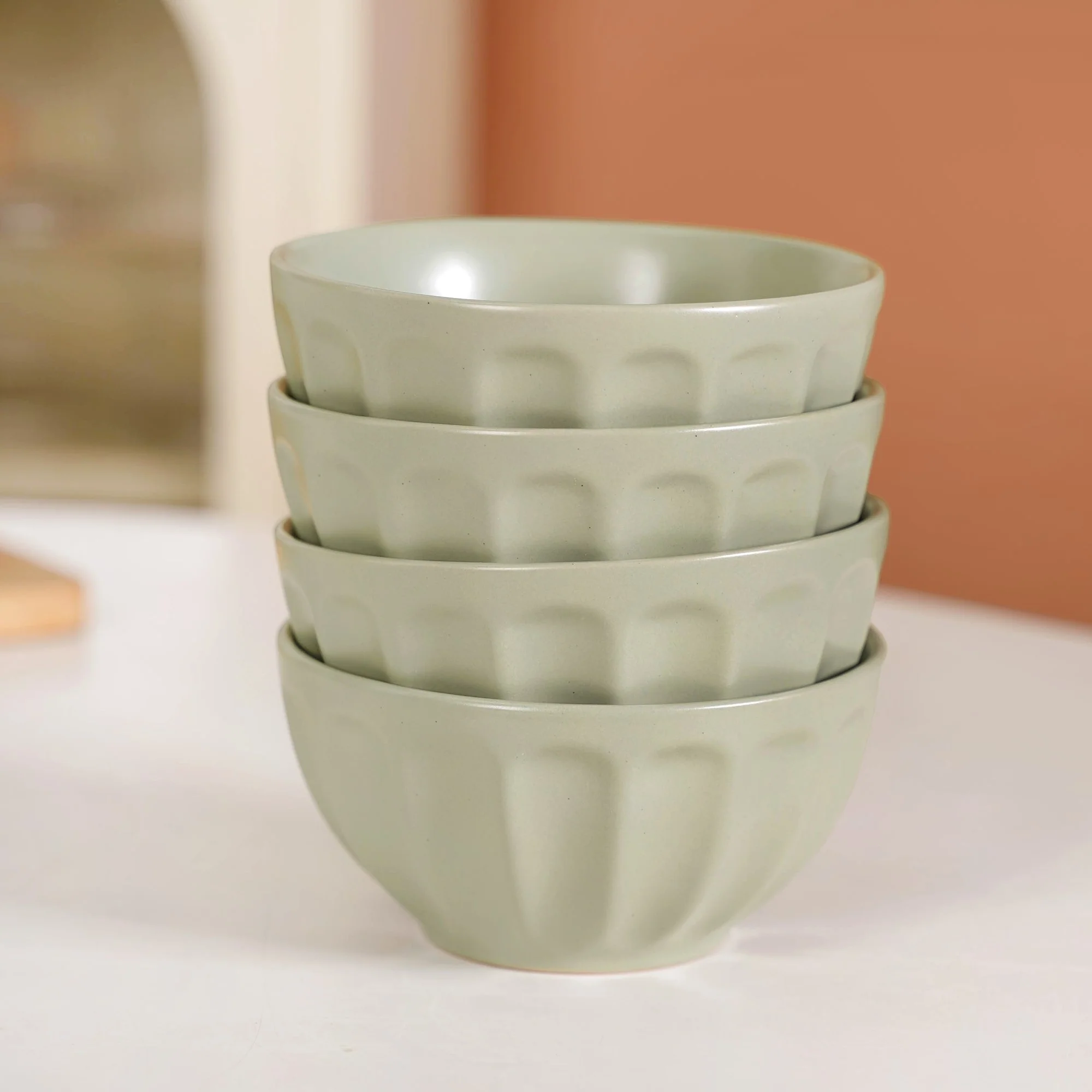 Embossed Ceramic Sage Green Bowl Set Of 4 580ml - Image 2