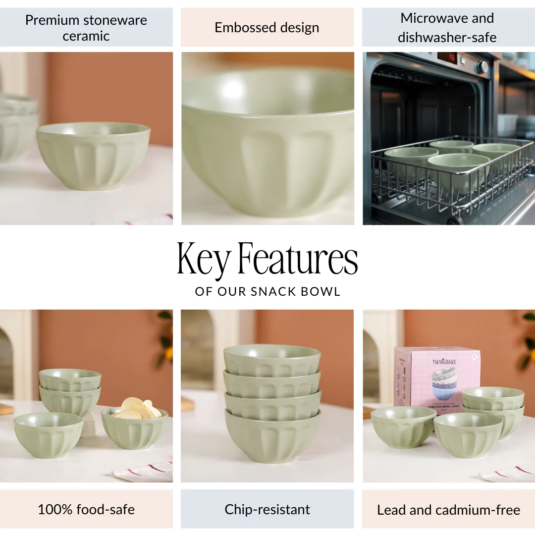 Embossed Ceramic Sage Green Bowl Set Of 4 580ml - Image 5