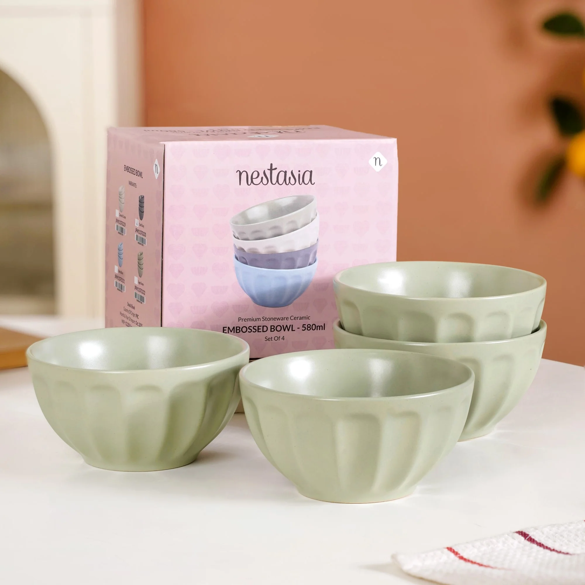 Embossed Ceramic Sage Green Bowl Set Of 4 580ml - Image 7