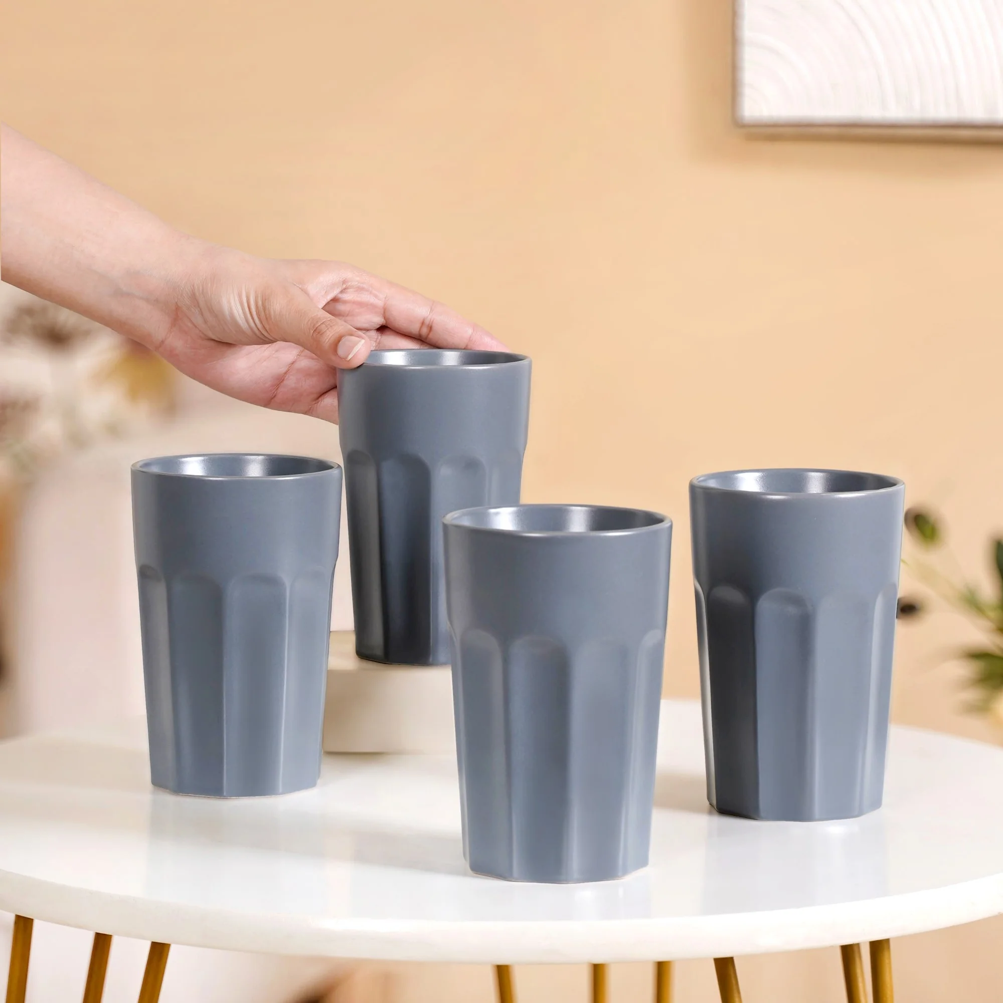 Embossed Cool Grey Ceramic Tumbler Set Of 4 380ml - Image 2
