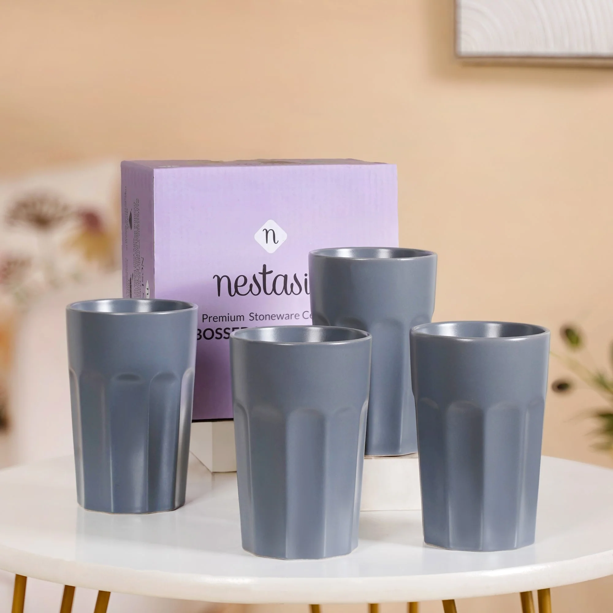 Embossed Cool Grey Ceramic Tumbler Set Of 4 380ml - Image 7