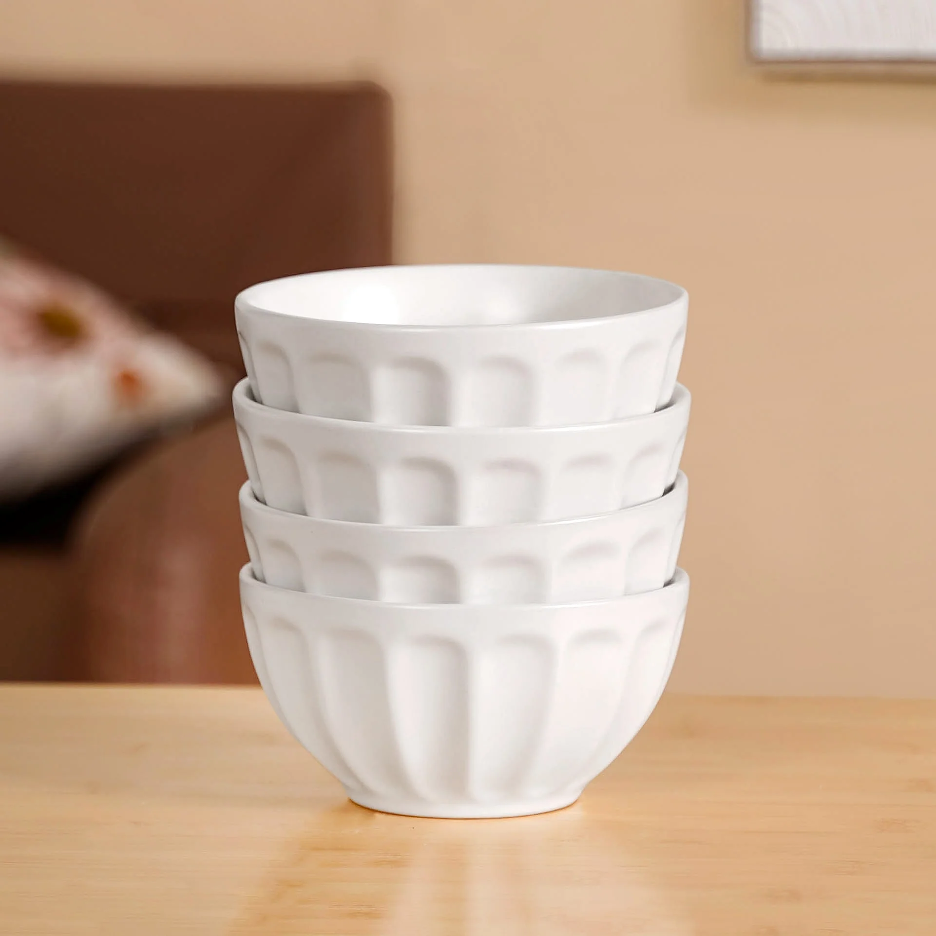 Embossed Cream Ceramic Bowl Set Of 4 580ml - Image 2