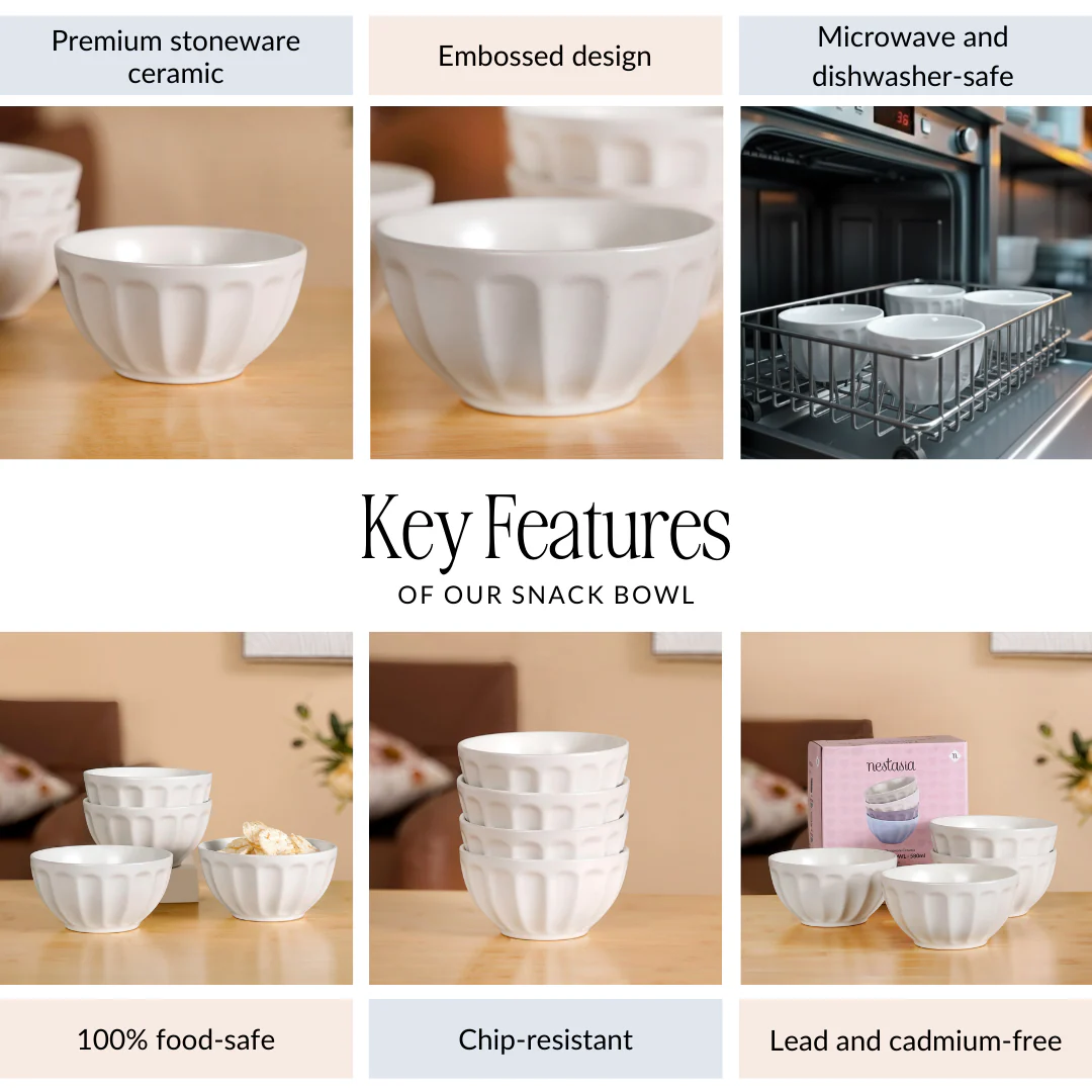 Embossed Cream Ceramic Bowl Set Of 4 580ml - Image 5
