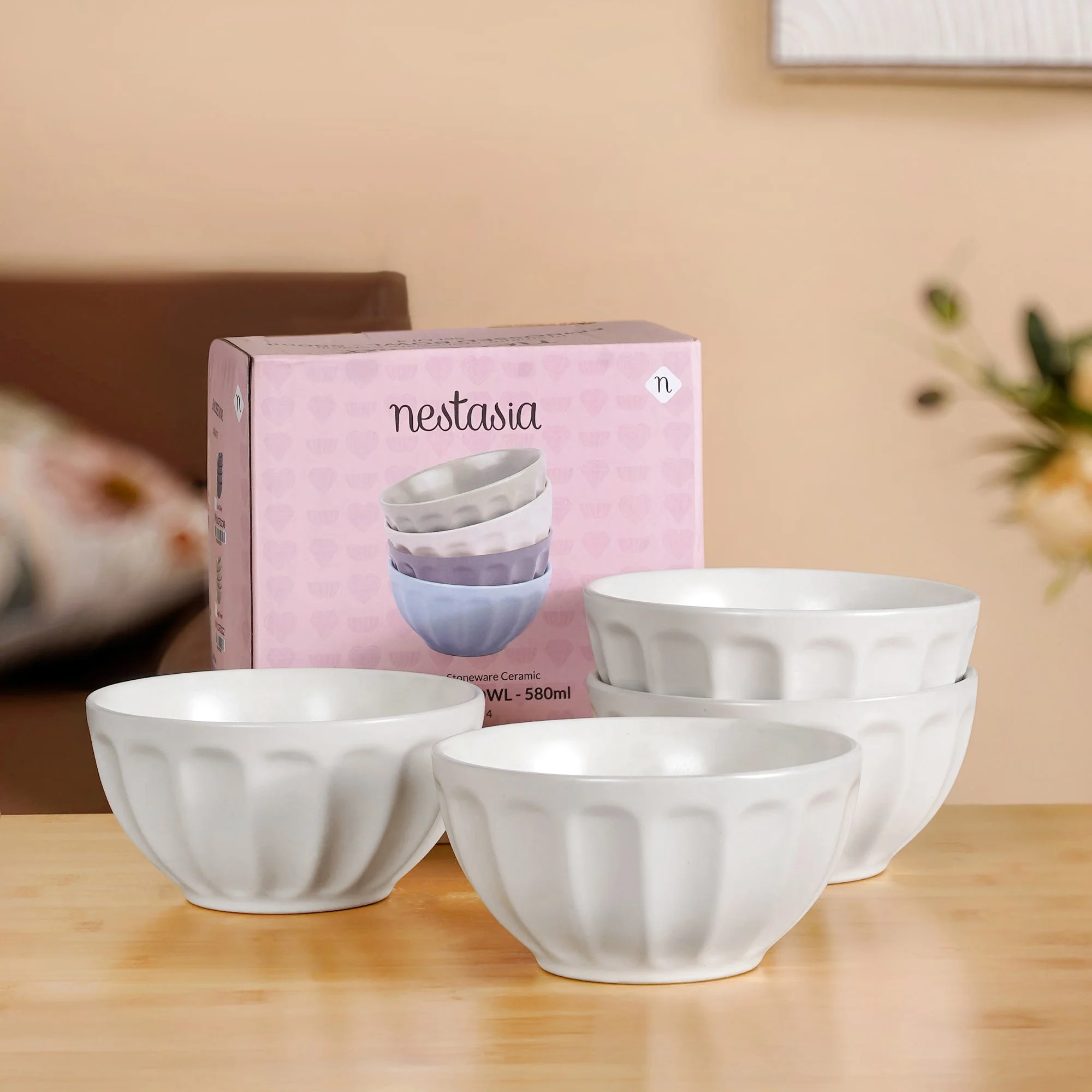 Embossed Cream Ceramic Bowl Set Of 4 580ml - Image 8