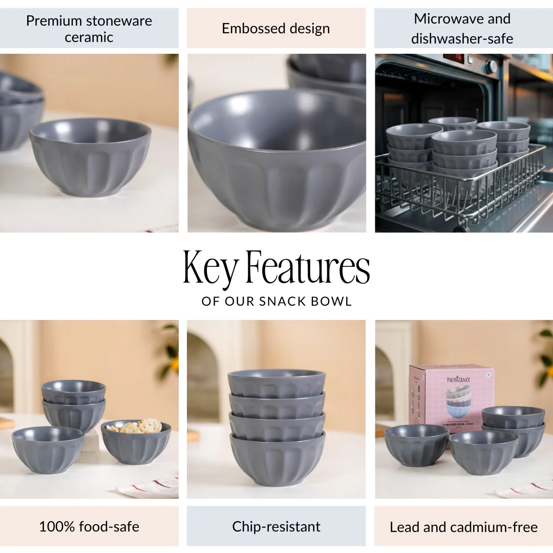 Embossed Grey Ceramic Bowl Set Of 4 580ml - Image 5