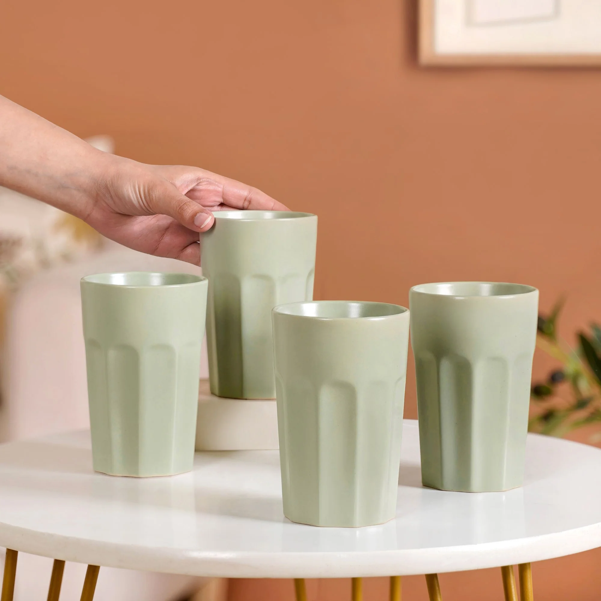 Embossed Sage Green Ceramic Tumbler Set Of 4 380ml - Image 2