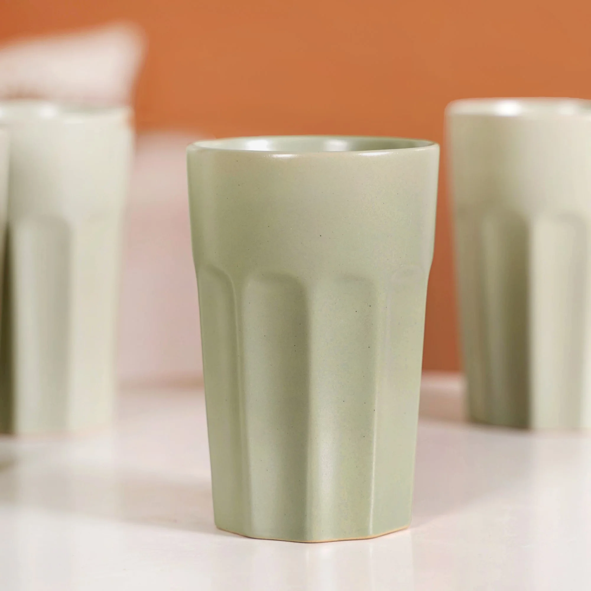 Embossed Sage Green Ceramic Tumbler Set Of 4 380ml - Image 6