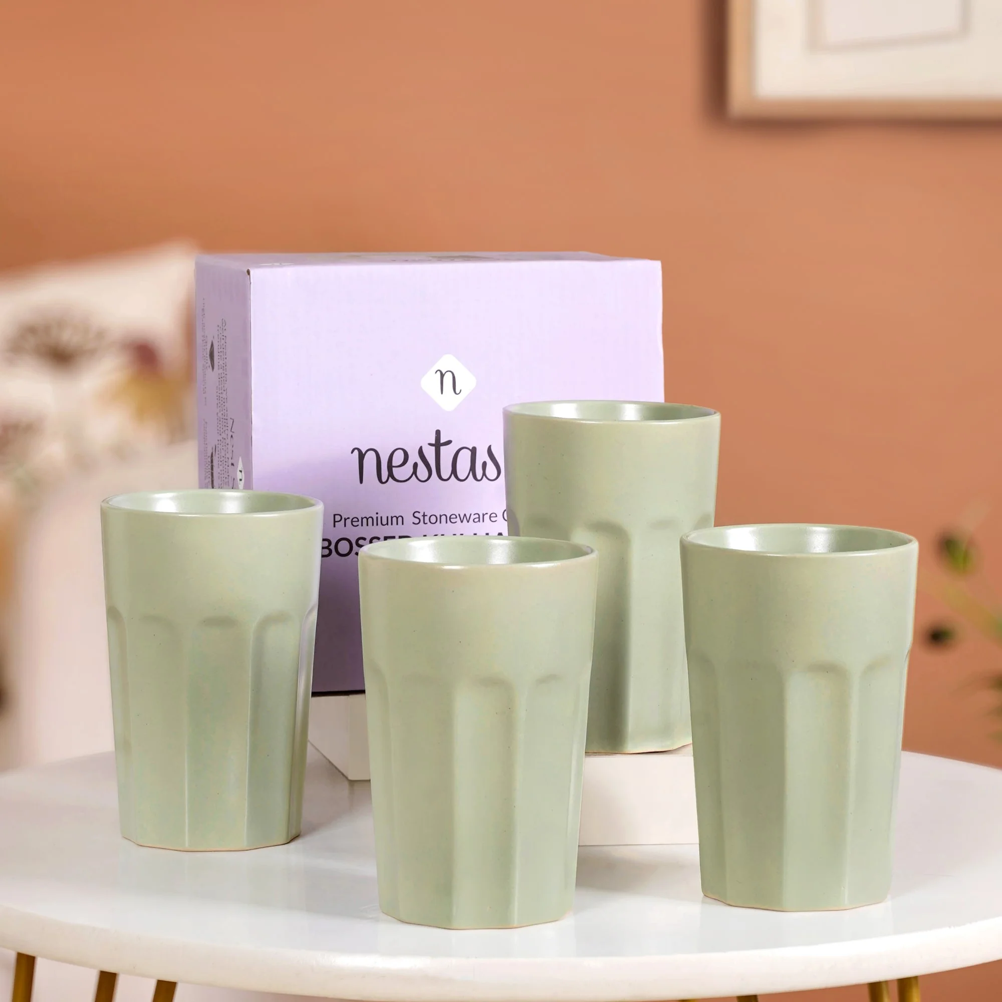 Embossed Sage Green Ceramic Tumbler Set Of 4 380ml - Image 7