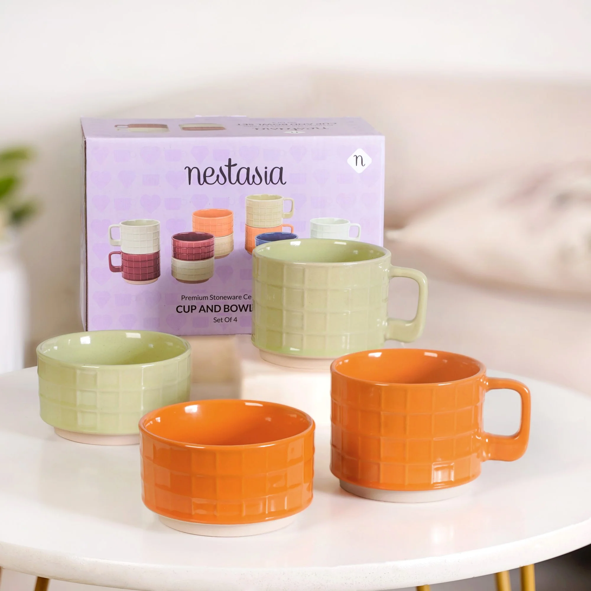 Embossed Stackable 2 Cup 2 Bowl Set Pop Orange Sage Green - Image 2