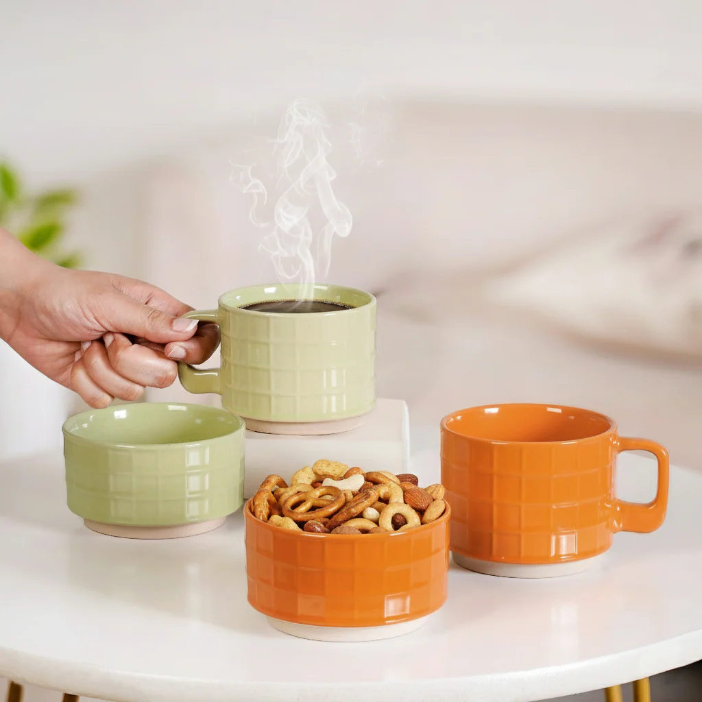 Embossed Stackable 2 Cup 2 Bowl Set Pop Orange Sage Green - Image 3