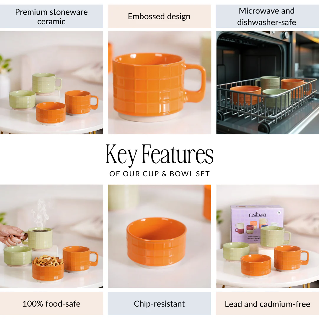 Embossed Stackable 2 Cup 2 Bowl Set Pop Orange Sage Green - Image 5
