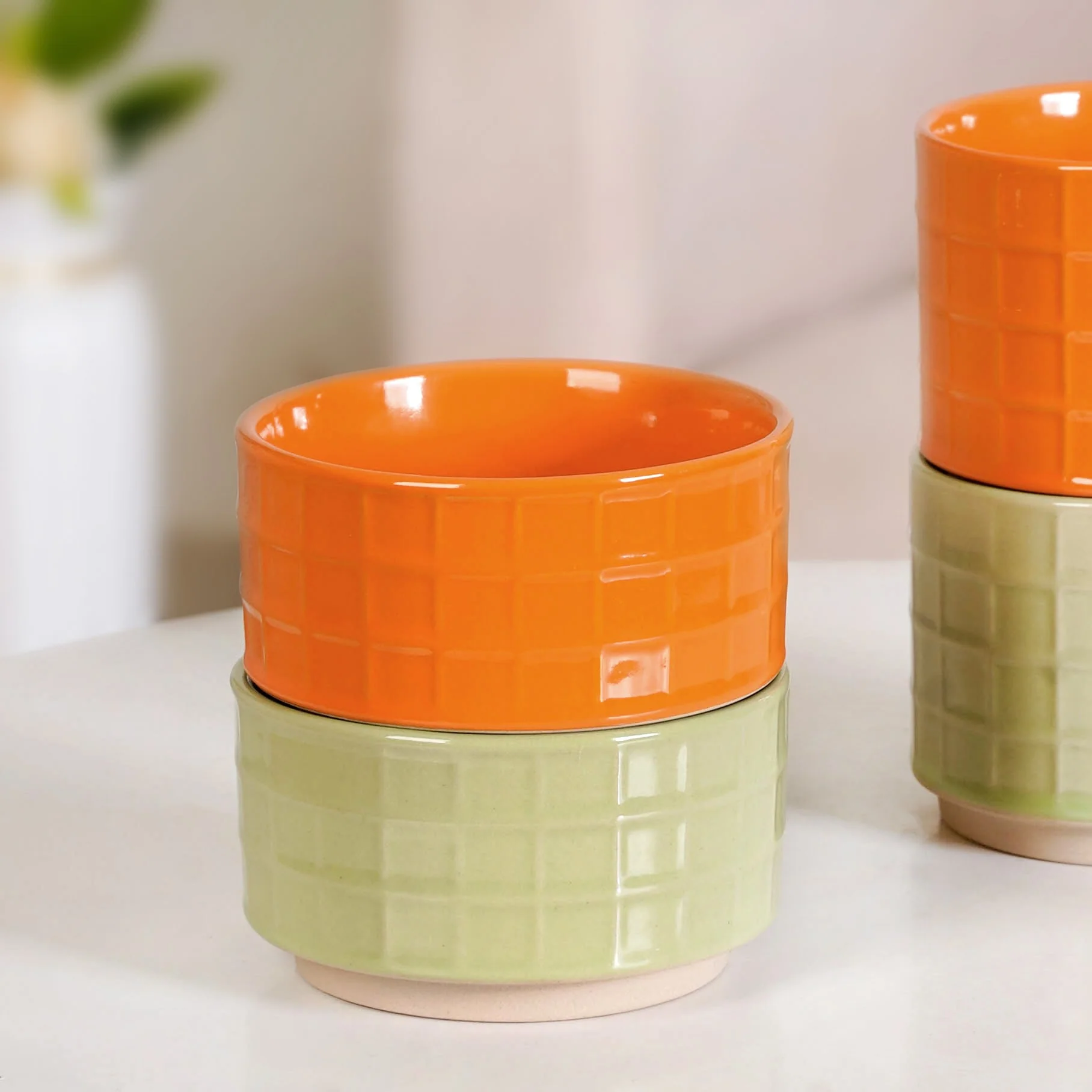 Embossed Stackable 2 Cup 2 Bowl Set Pop Orange Sage Green - Image 6