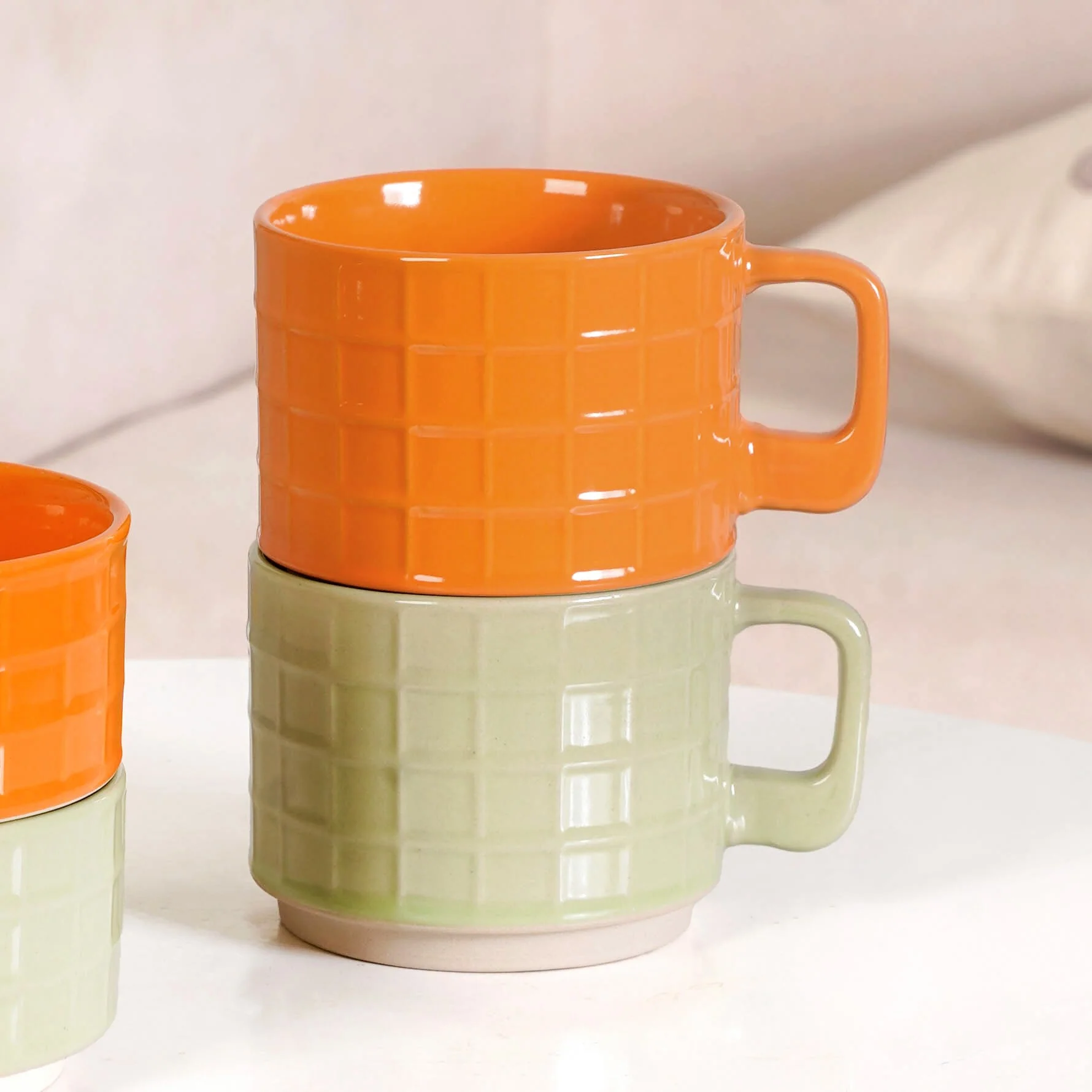 Embossed Stackable 2 Cup 2 Bowl Set Pop Orange Sage Green - Image 7