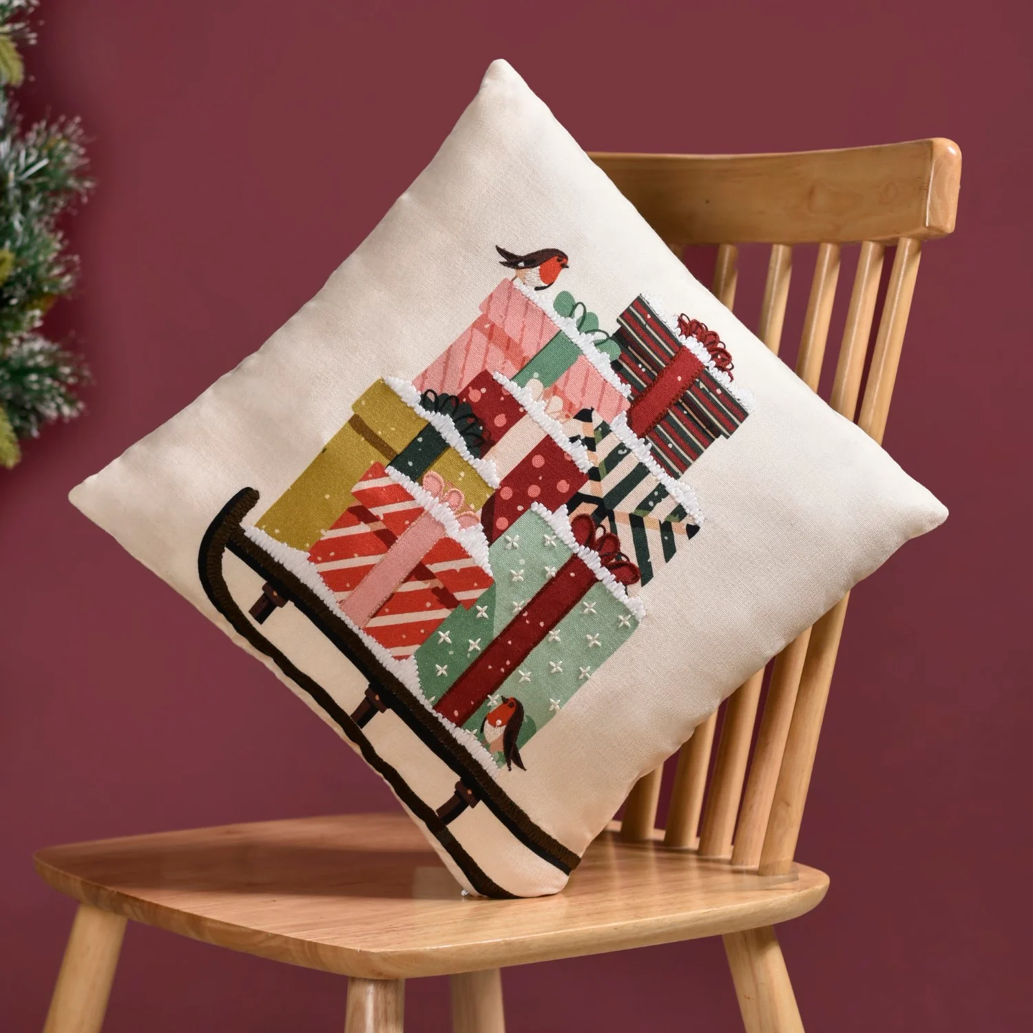 Embroidered Christmas Gifts Cushion Cover 40x40cm - Image 2