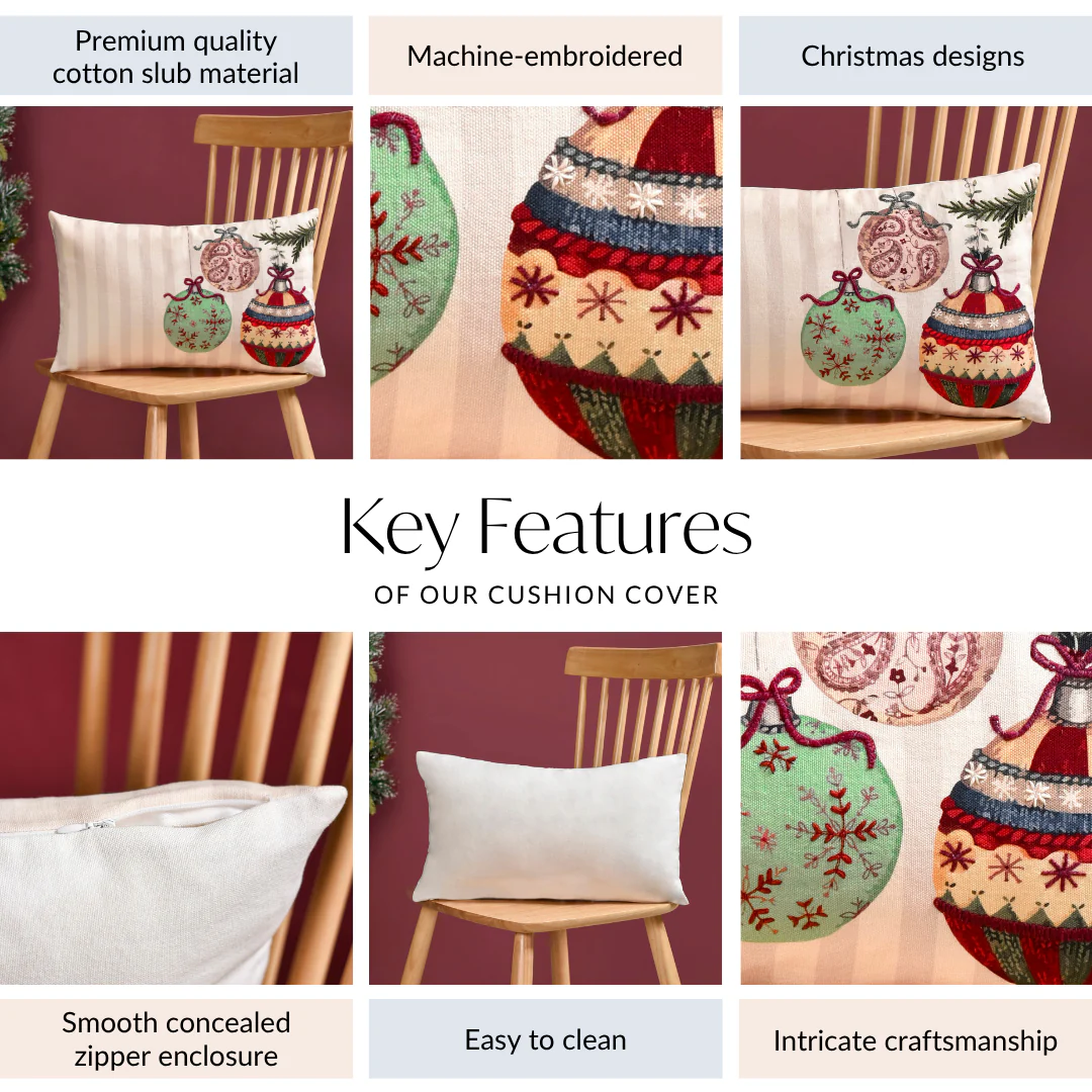 Embroidered Christmas Ornament Cotton Cushion Cover 50x30cm - Image 4