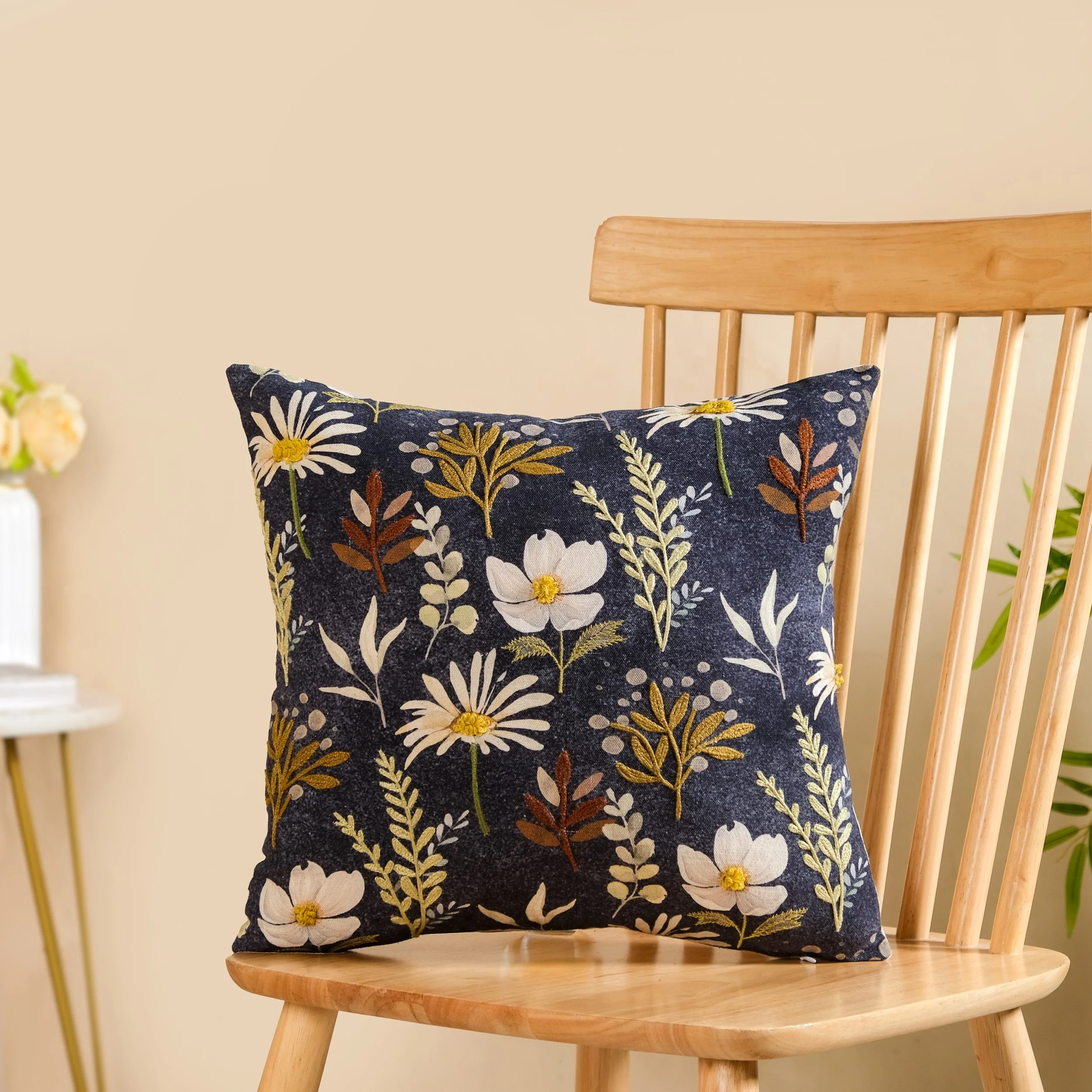 Embroidered Garden Cotton Cushion Cover 40x40cm - Image 2