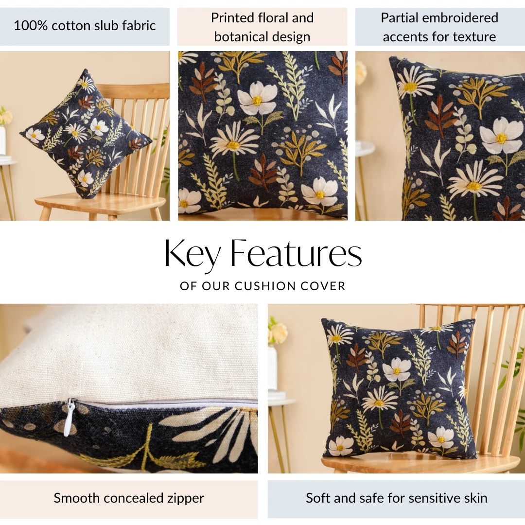 Embroidered Garden Cotton Cushion Cover 40x40cm - Image 4