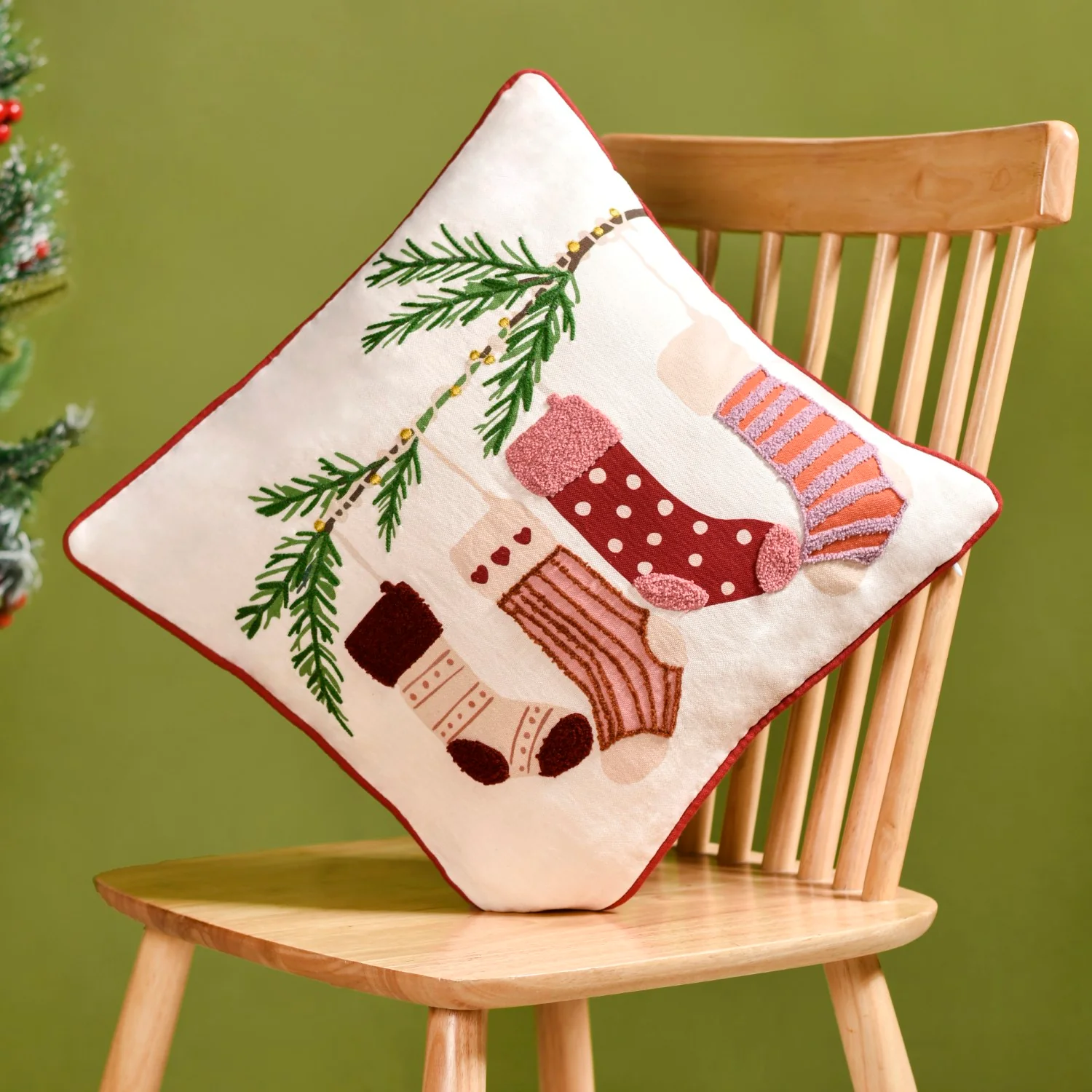Embroidered Stockings Cotton Cushion Cover 40x40cm - Image 2