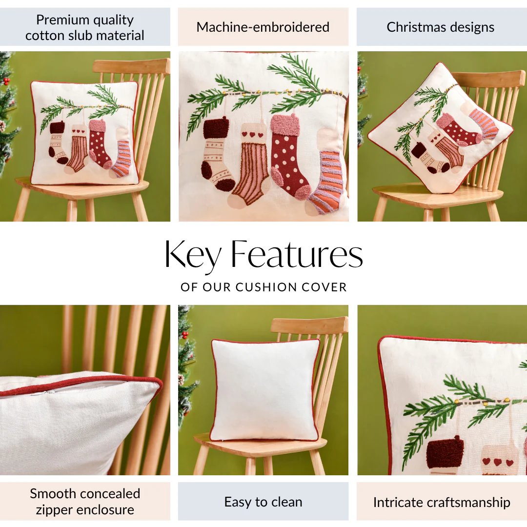 Embroidered Stockings Cotton Cushion Cover 40x40cm - Image 4